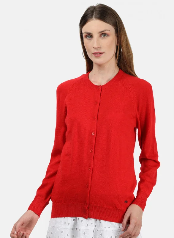 Women Red Solid Cardigan