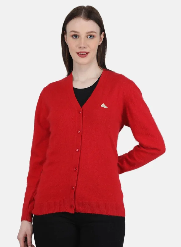 Women Red Solid Cardigan