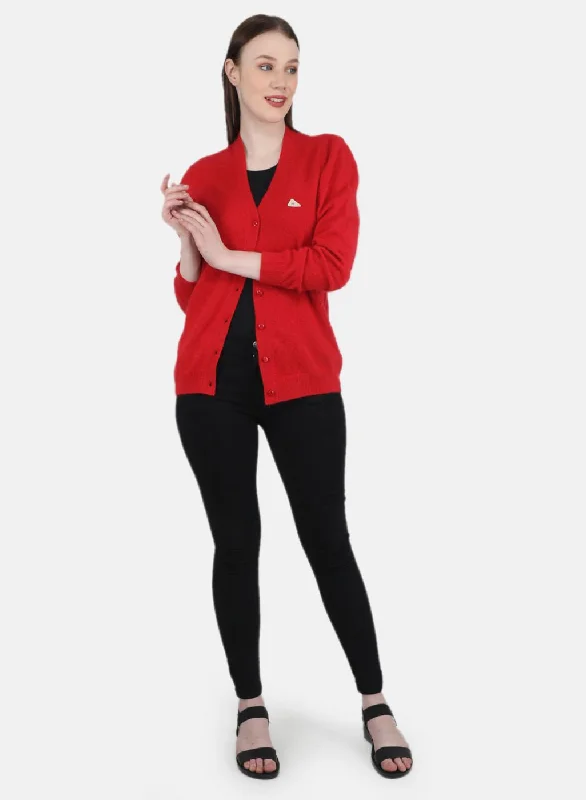 Women Red Solid Cardigan