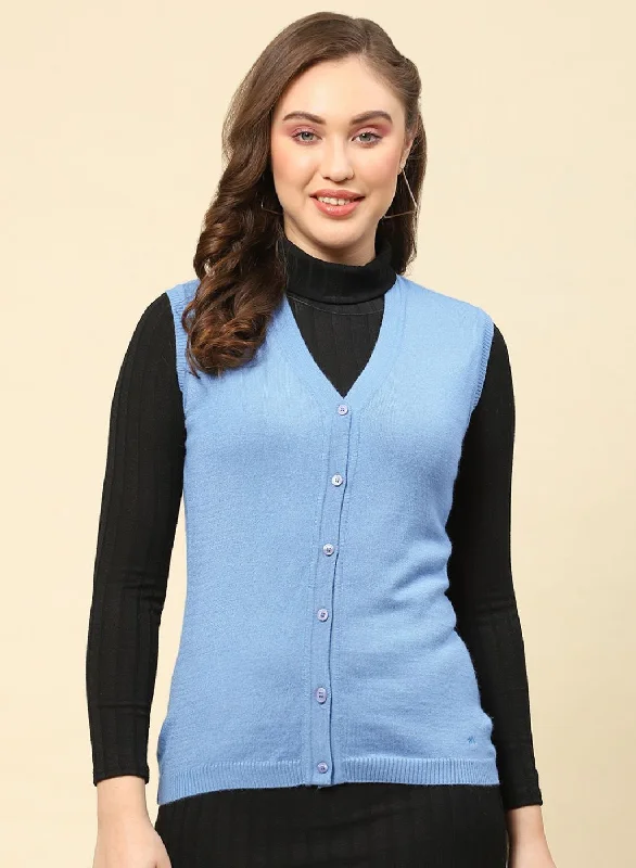 Women Sky Blue Solid Modal Nylone Cardigan