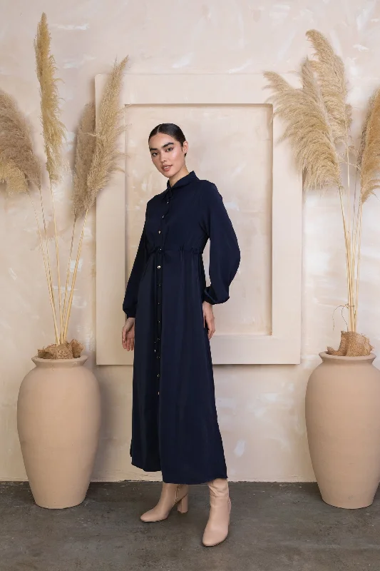 Navy Button Down Drawstring Non-Sheer Maxi Cardigan-PREORDER