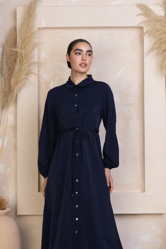 Navy Button Down Drawstring Non-Sheer Maxi Cardigan-PREORDER