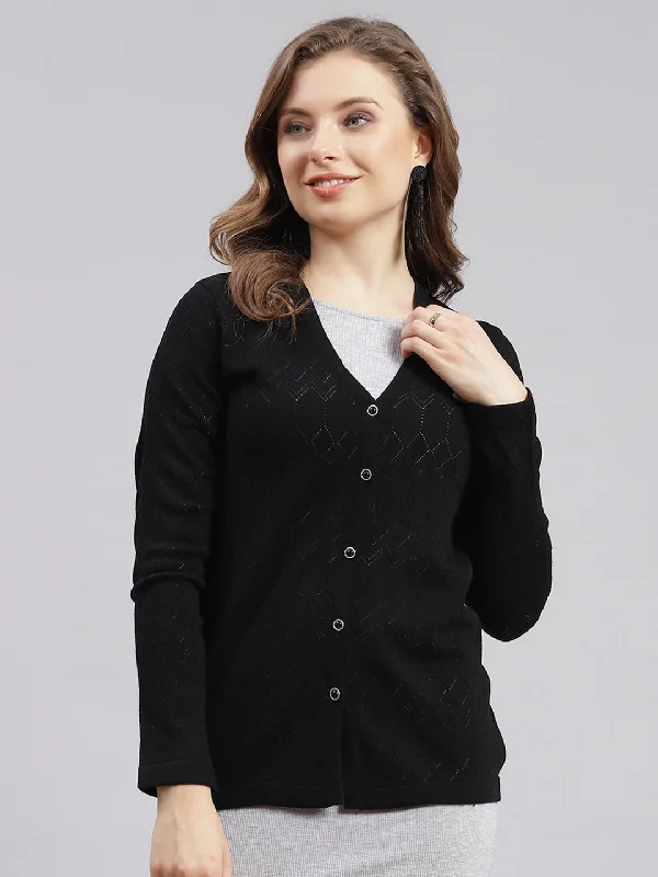 Women Black Jaquard Wool blend Cardigan