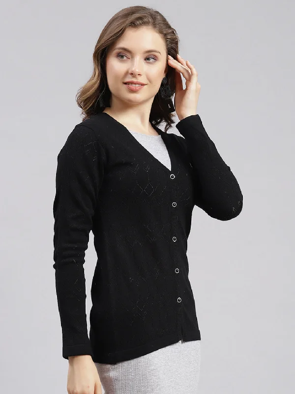 Women Black Jaquard Wool blend Cardigan