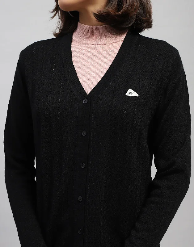 Women Black Self Design V Neck Full Sleeve Cardigan