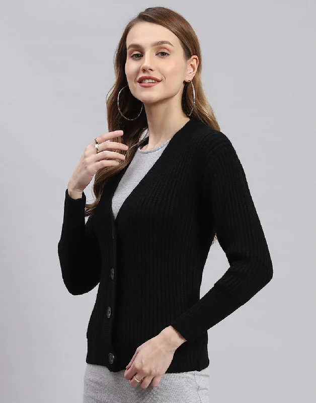 Women Black Self Design V Neck Full Sleeve Cardigans