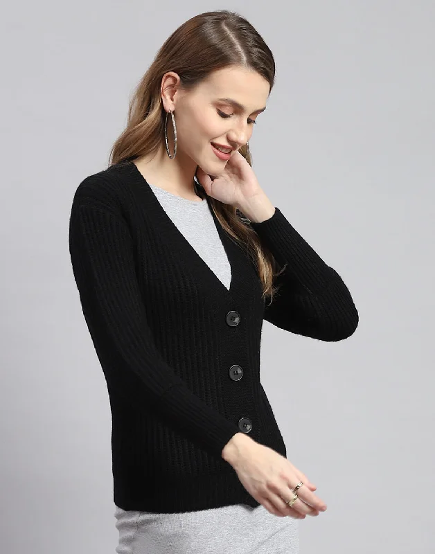 Women Black Self Design V Neck Full Sleeve Cardigans