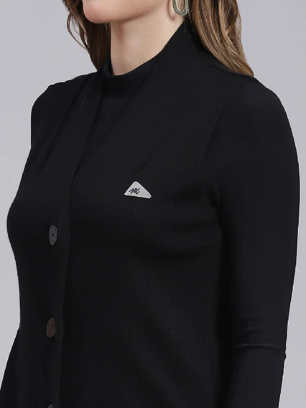 Women Black Solid Pure wool Cardigan