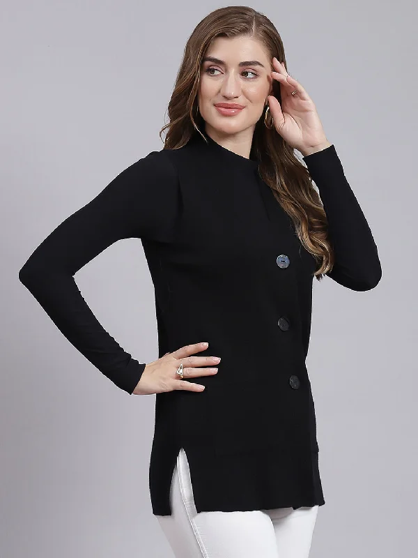 Women Black Solid Pure wool Cardigan