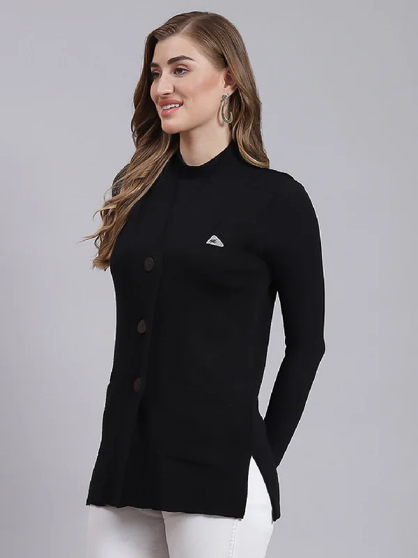 Women Black Solid Pure wool Cardigan