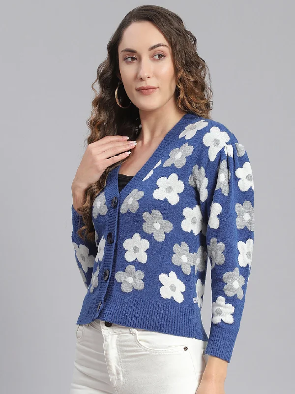 Women Blue Self Design V Neck Full Sleeve Cardigans