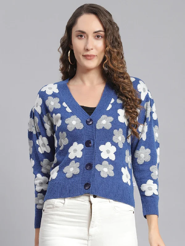 Women Blue Self Design V Neck Full Sleeve Cardigans