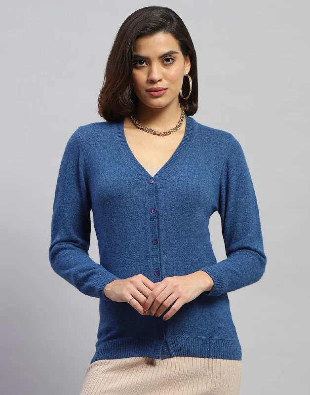 Women Blue Solid V Neck Full Sleeve Cardigan