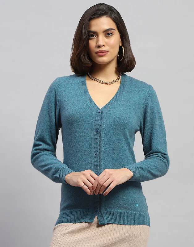 Women Blue Solid V Neck Full Sleeve Cardigan