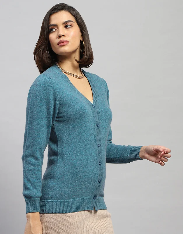 Women Blue Solid V Neck Full Sleeve Cardigan