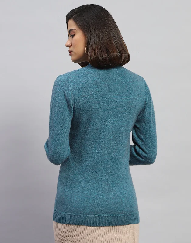 Women Blue Solid V Neck Full Sleeve Cardigan