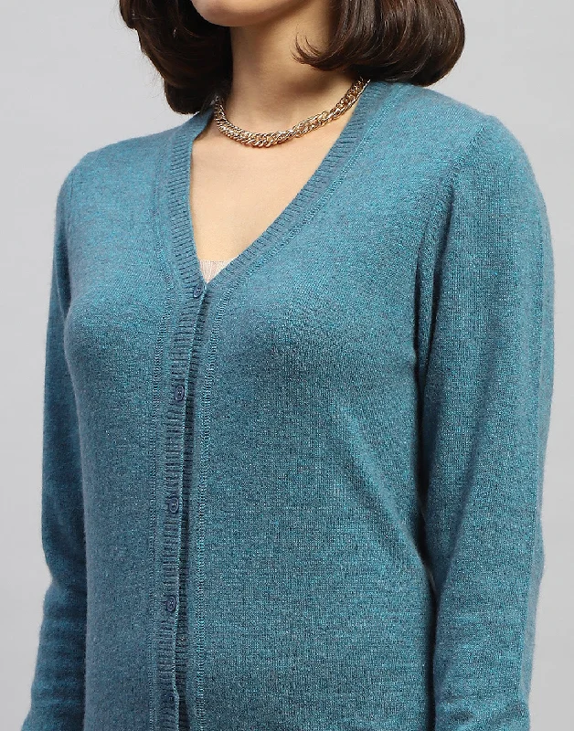 Women Blue Solid V Neck Full Sleeve Cardigan