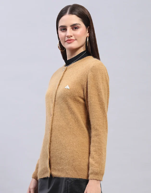 Women Brown Solid Round Neck Full Sleeve Cardigan