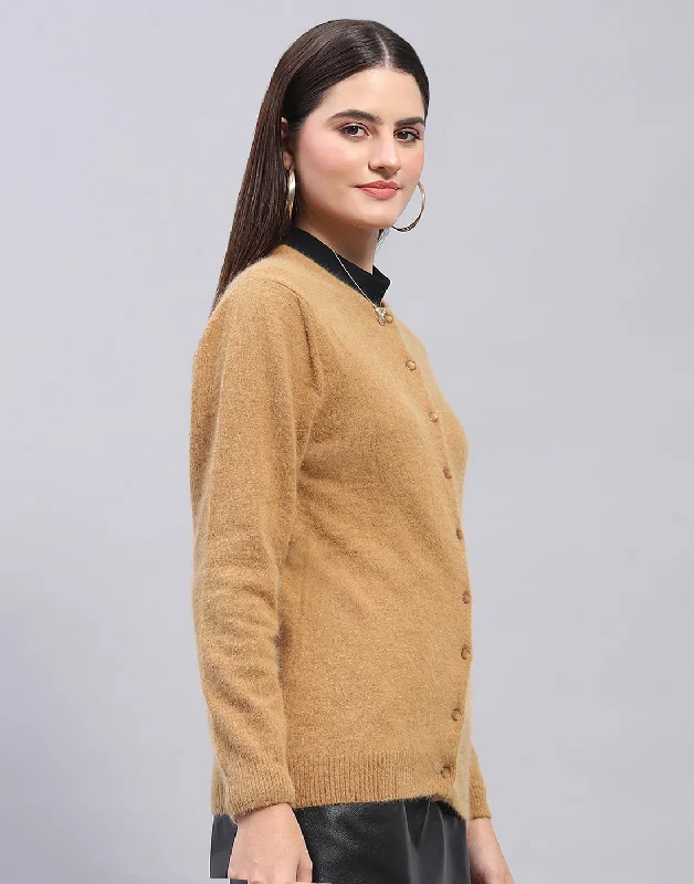 Women Brown Solid Round Neck Full Sleeve Cardigan