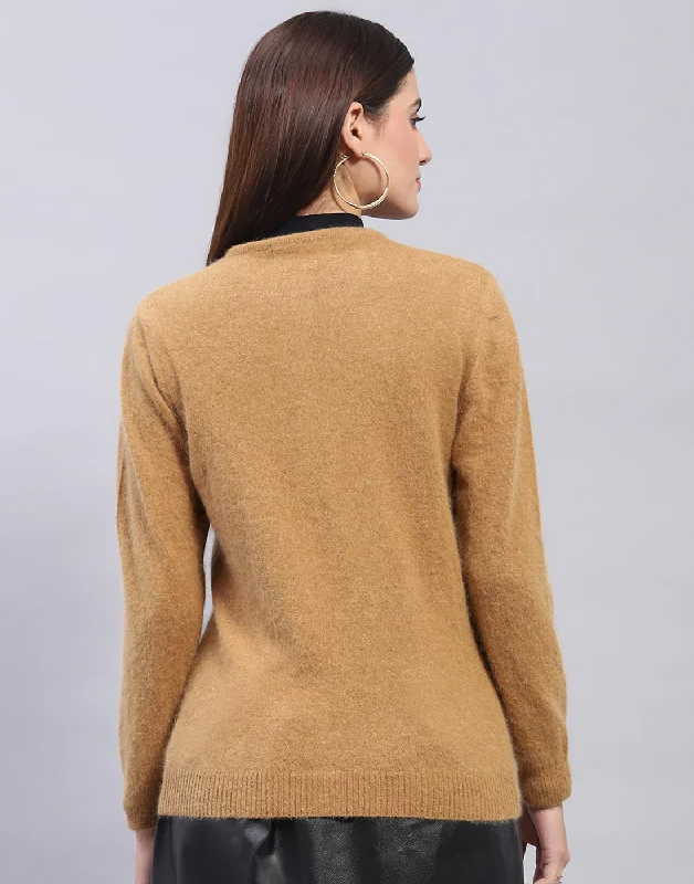 Women Brown Solid Round Neck Full Sleeve Cardigan