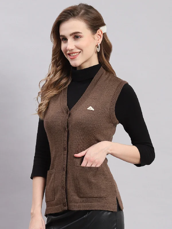 Women Brown Solid V Neck Sleeveless Cardigans