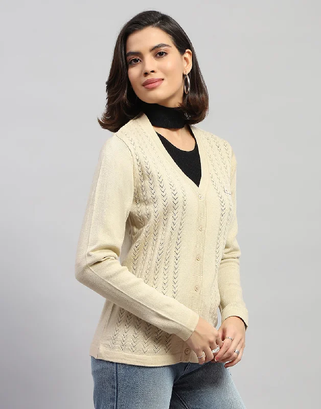 Women Cream Self Design V Neck Full Sleeve Cardigan