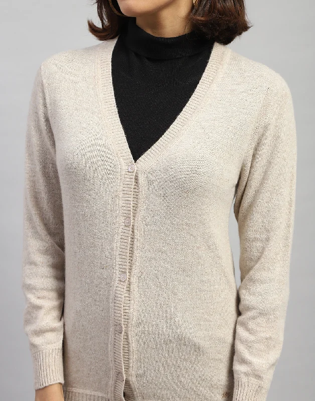 Women Cream Solid V Neck Full Sleeve Cardigan