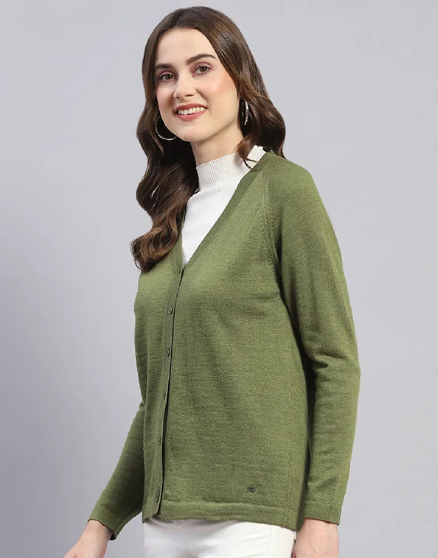 Women Green Solid V Neck Full Sleeve Cardigan