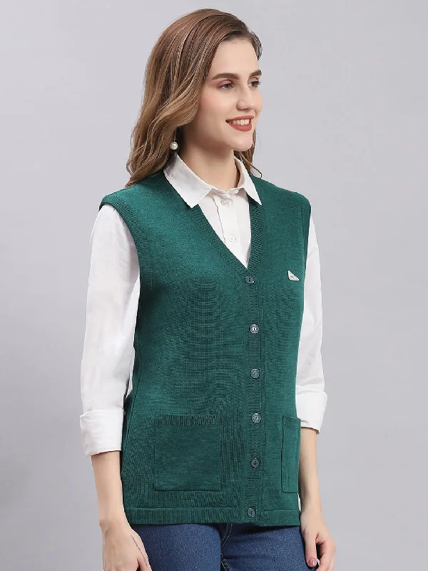 Women Green Solid V Neck Sleeveless Cardigans