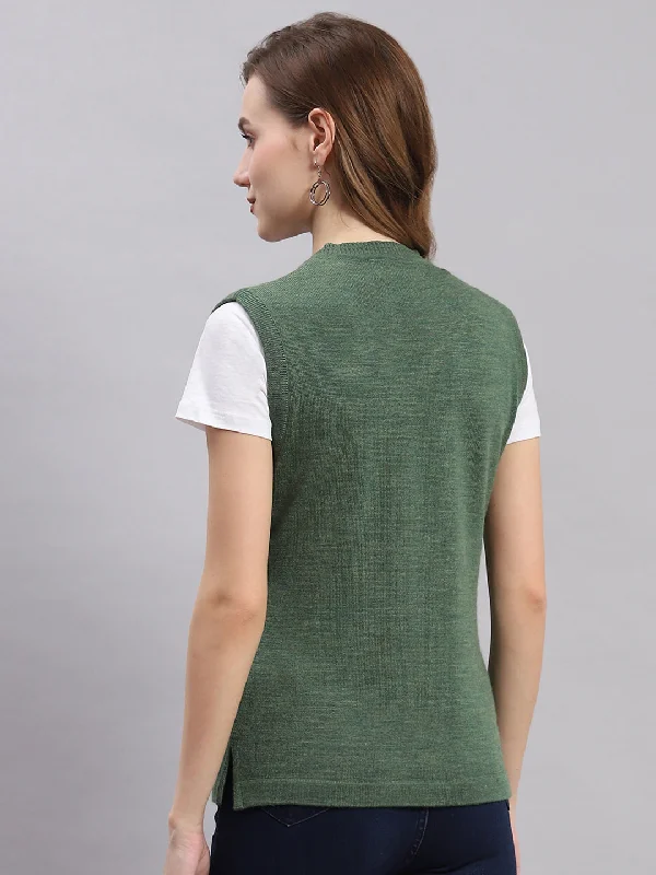 Women Green Solid V Neck Sleeveless Cardigans