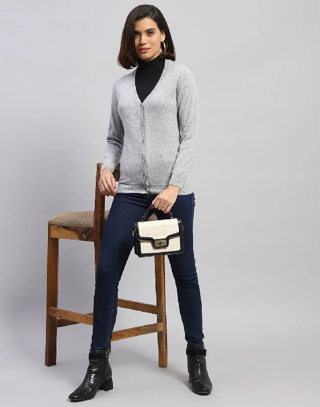 Women Grey Solid V Neck Full Sleeve Cardigan