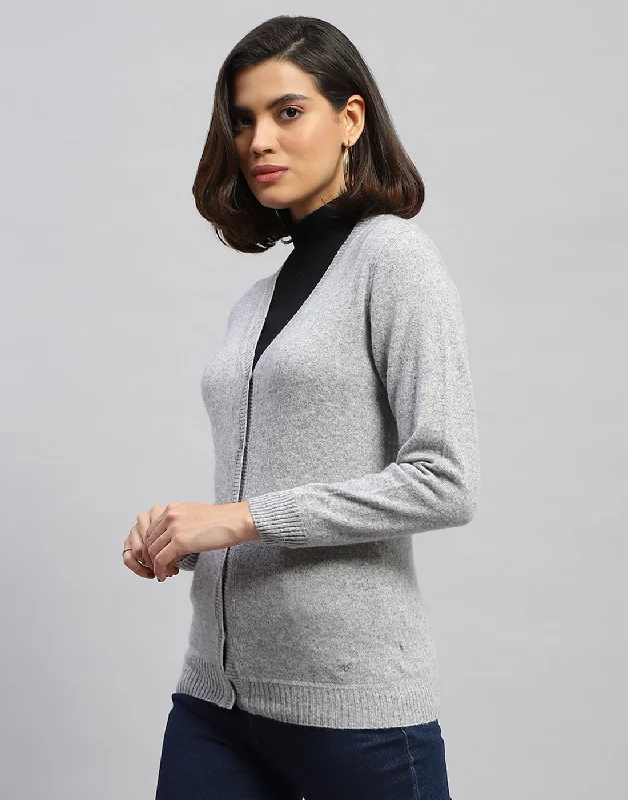 Women Grey Solid V Neck Full Sleeve Cardigan