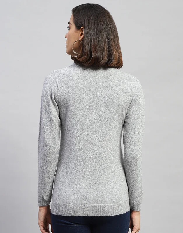 Women Grey Solid V Neck Full Sleeve Cardigan