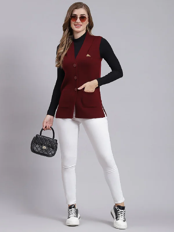 Women Maroon Solid Pure wool Cardigan