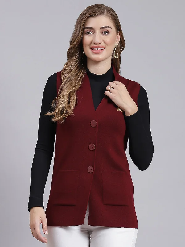 Women Maroon Solid Pure wool Cardigan