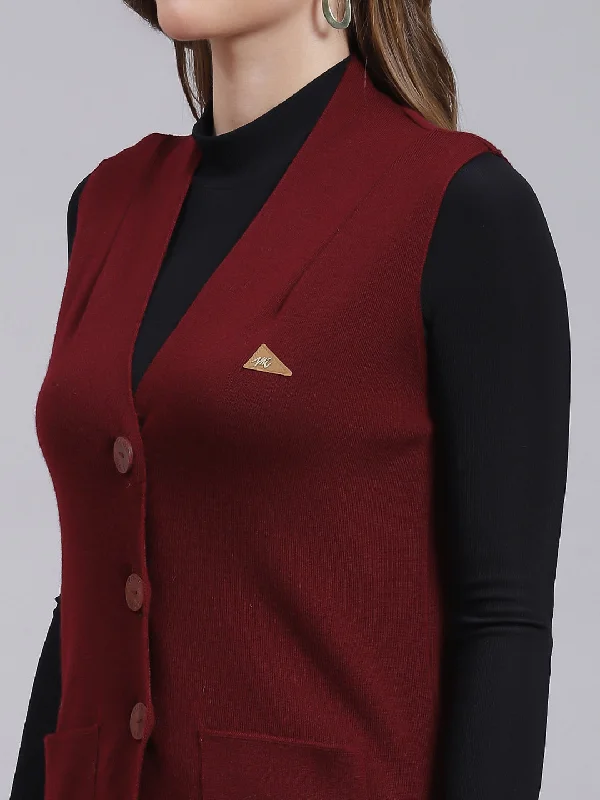 Women Maroon Solid Pure wool Cardigan