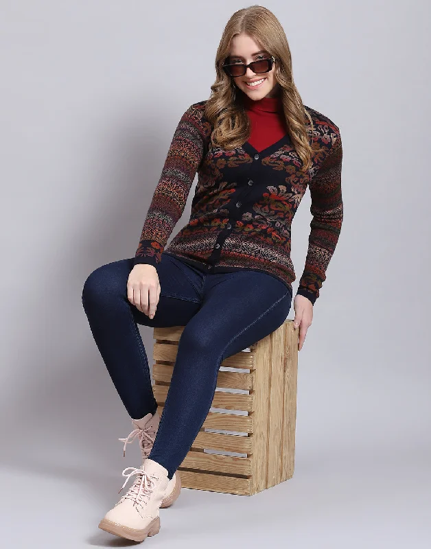 Women Navy Blue Self Design V Neck Full Sleeve Cardigan