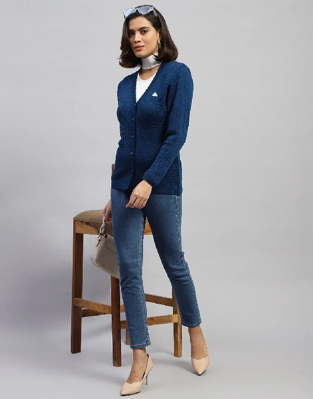 Women Navy Blue Self Design V Neck Full Sleeve Cardigan