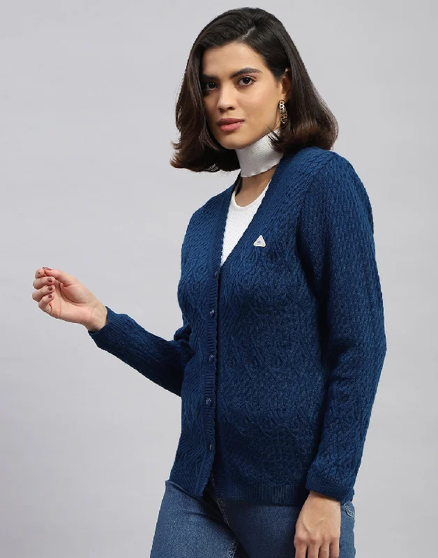 Women Navy Blue Self Design V Neck Full Sleeve Cardigan