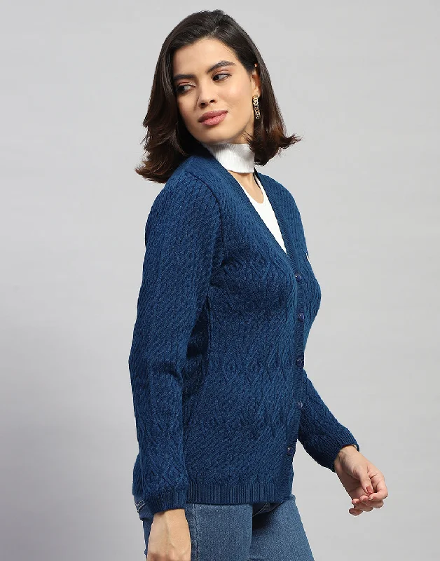 Women Navy Blue Self Design V Neck Full Sleeve Cardigan