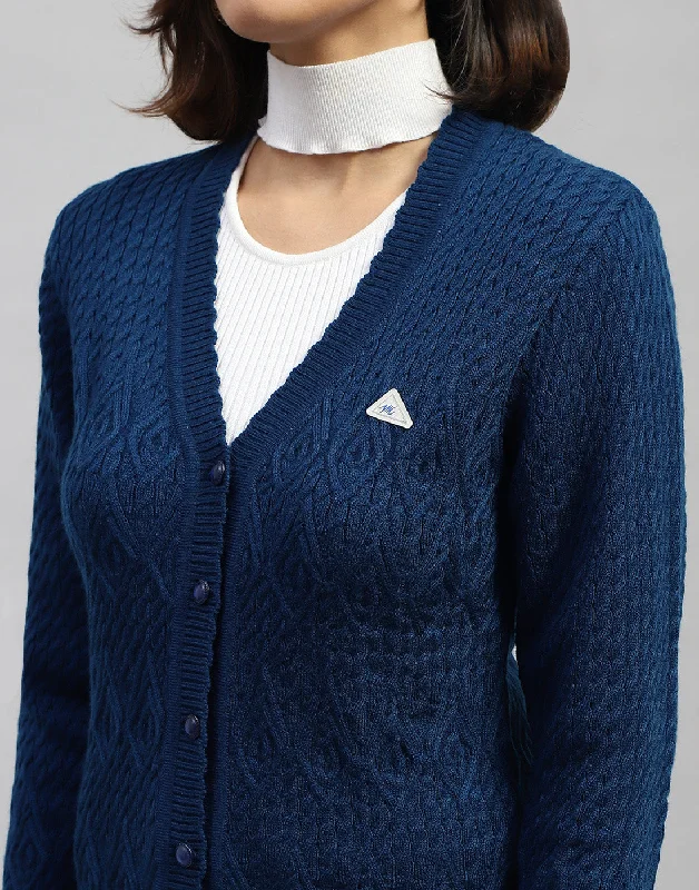 Women Navy Blue Self Design V Neck Full Sleeve Cardigan