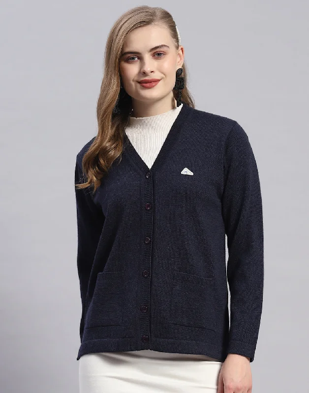 Women Navy Blue Solid V Neck Full Sleeve Cardigan