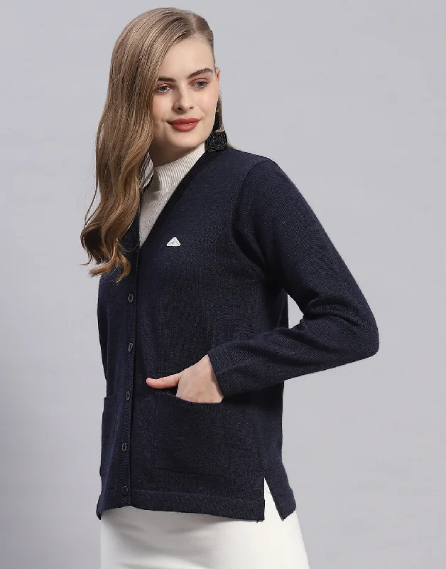 Women Navy Blue Solid V Neck Full Sleeve Cardigan