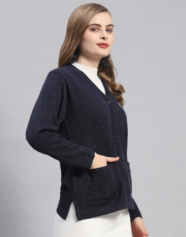 Women Navy Blue Solid V Neck Full Sleeve Cardigan