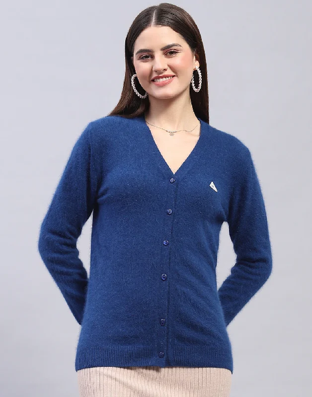 Women Navy Blue Solid V Neck Full Sleeve Cardigan