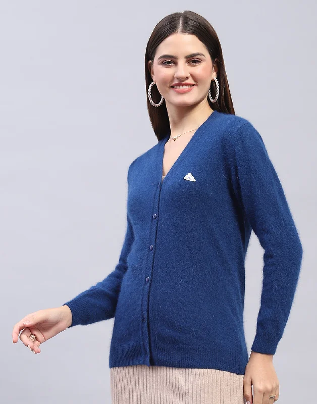 Women Navy Blue Solid V Neck Full Sleeve Cardigan