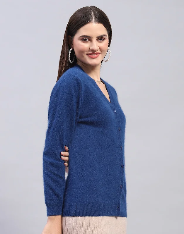 Women Navy Blue Solid V Neck Full Sleeve Cardigan