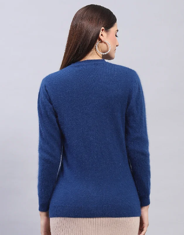 Women Navy Blue Solid V Neck Full Sleeve Cardigan