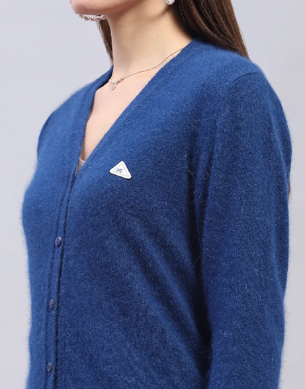 Women Navy Blue Solid V Neck Full Sleeve Cardigan