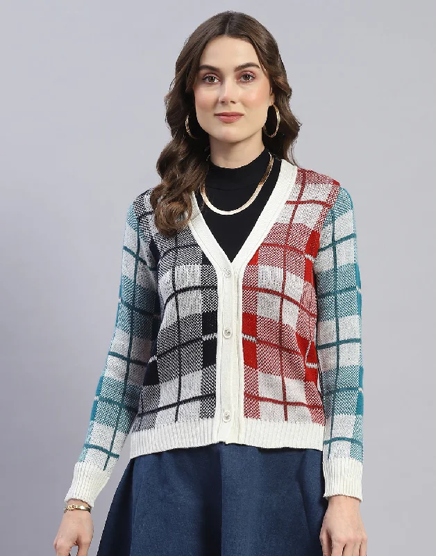 Women Off White Check V Neck Full Sleeve Cardigan